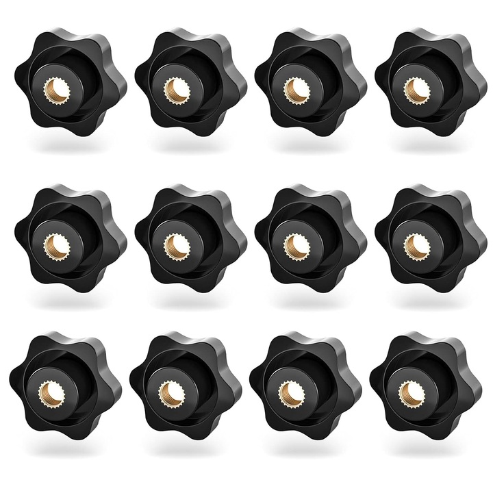Set de 12 piulite negre cu maner stea din plastic, filet interior M8, suruburi cu maner stea, suruburi zimtate pentru masini-unelte