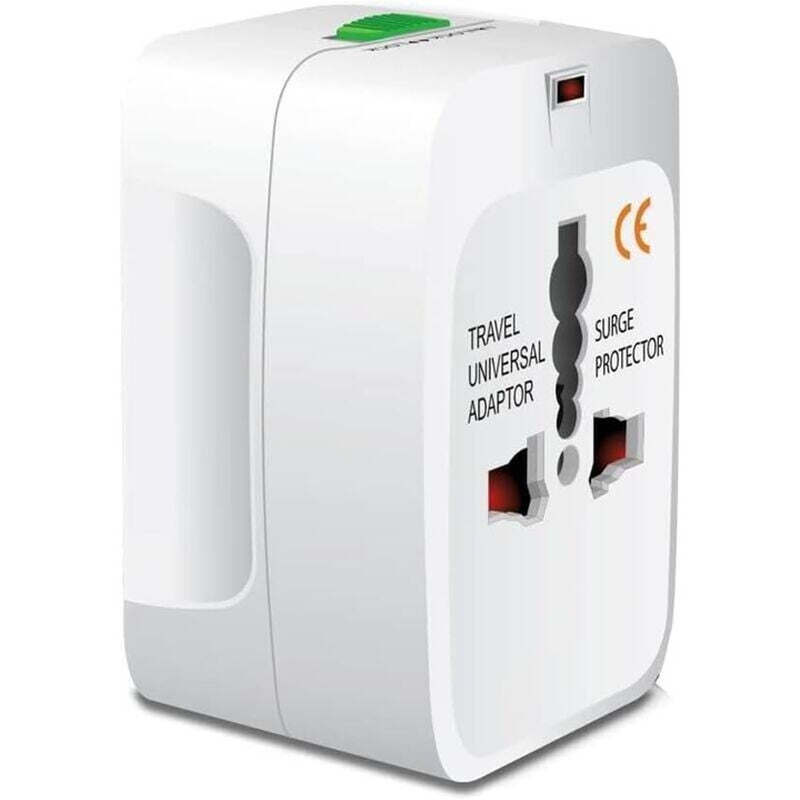 Adaptor de calatorie universal, 4 prize, compact, 7.5x5.0x3.9cm, alb