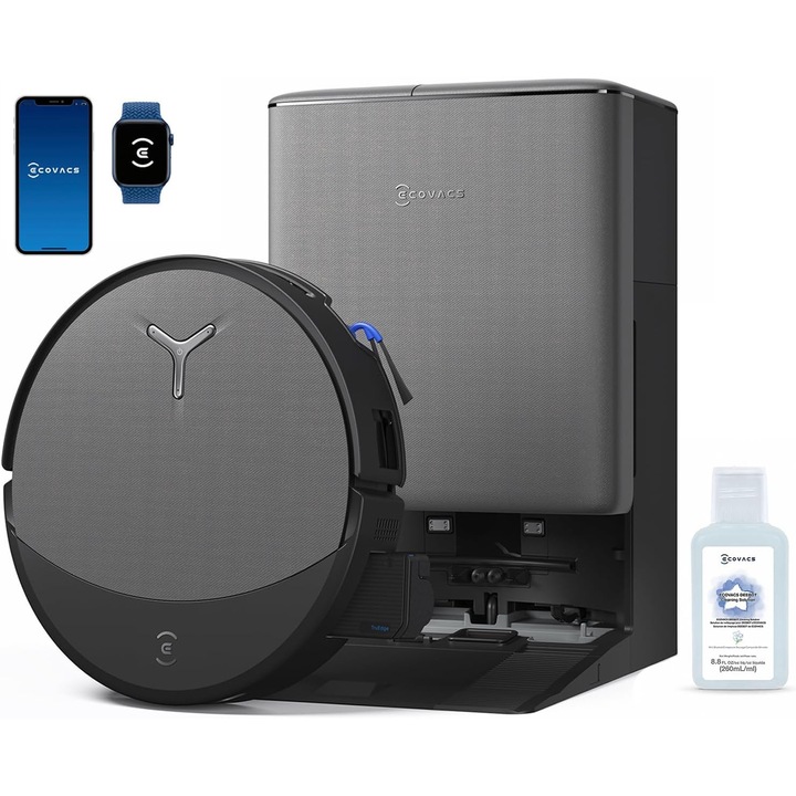 Robot de aspirare ECOVACS DEEBOT T90 Pro OMNI, 30000Pa, 350min, Statie OMNI 75°C (Auto-Golire, Realimentare Apa, Dozare Solutie, Autocuratare, Uscare 63°C), ZeroTangle 4.0, AIVI 3D 4.0, TrueMapping 2.0, Triple Lift, PowerBoost, YIKO GPT, Negru