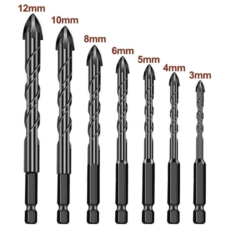 Set de 12 burghie din carbura pentru zidarie, pentru beton, piatra, tigla, caramida, ceramica, sticla, tabla, plastic si lemn, tija hexagonala cu schimbare rapida de 6 mm, dimensiuni 3 mm, 4 mm, 5 mm, 6 mm, 8 mm, 10 mm, 12 mm cu cutie