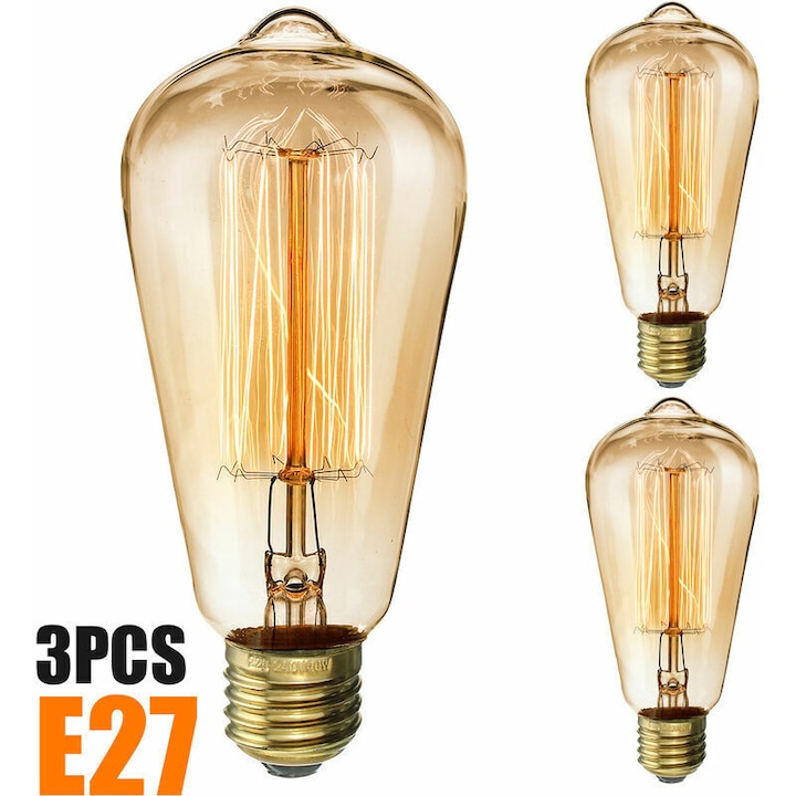 3 db vintage Edison izzó készlet, 40W E27 meleg fehér 3000K 10x10x10cm