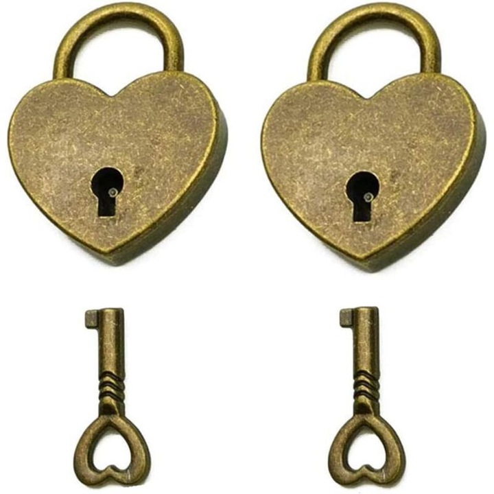 2 db mini bronz szív lakat készlet 33x25x6.5mm kulcsokkal 24x11x3mm