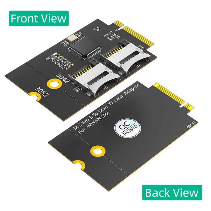 Adaptor cititor card Dual Micro-SD TF la NGFF M.2 Key B negru 30x52mm