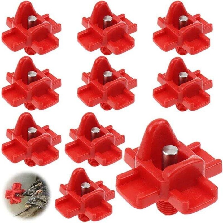 10 db csirke itató adapter készlet, műanyag és rozsdamentes acél, piros, 32.5x32.5mm