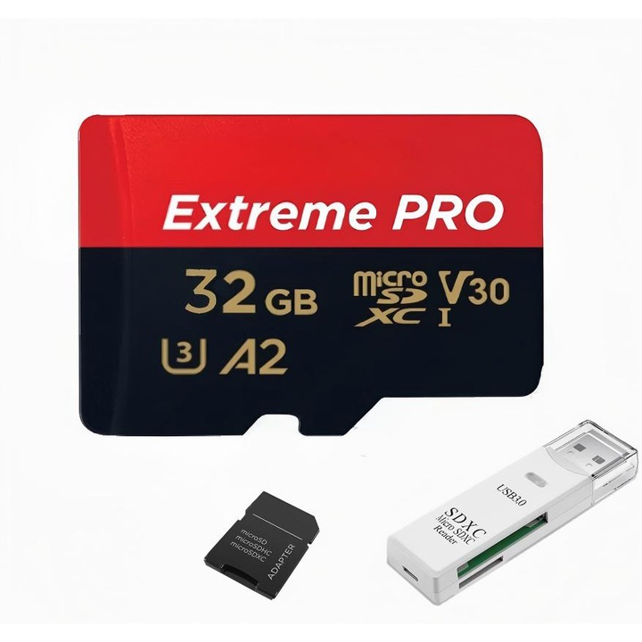 Card de memorie Extreme microSDXC 32G, pana la 190MB/s & 130MB/s Read/Write speeds A2 C10 V30 UHS-I U3 + SD Adapter+Cititor de carduri compatibil cu