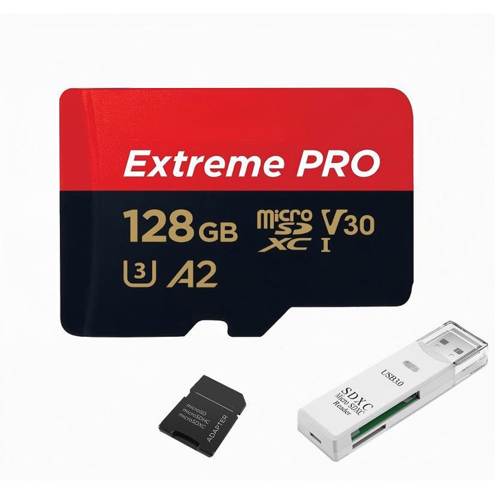 Card de memorie Extreme microSDXC 128G, pana la 190MB/s & 130MB/s Read/Write speeds A2 C10 V30 UHS-I U3 + SD Adapter+Cititor de carduri compatibil cu