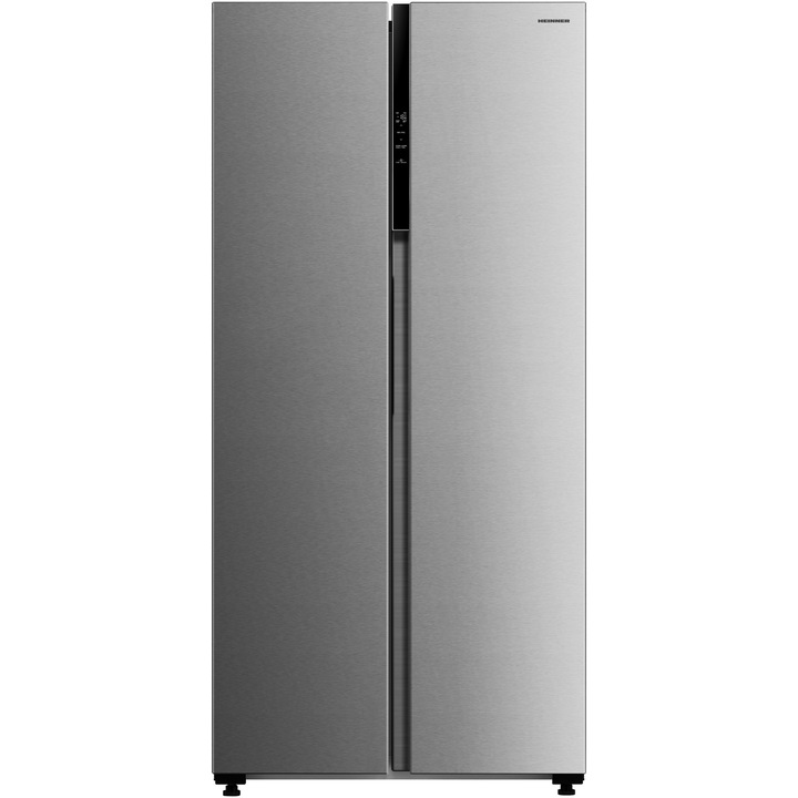 Combina Side by Side Heinner HSBS-M460NFINVXE++, 460 l, Clasa E, No frost, Compresor Inverter, Display LED, H 177.5 cm, Aspect Inox