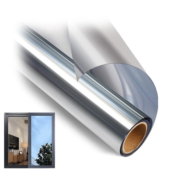 Folie reflectorizanta pentru geamuri NEXTLY, efect de oglinda, reutilizabila, ajustabila, protectie UV, aplicare electrostatica, fara adeziv, gri transparent, 100x70cm