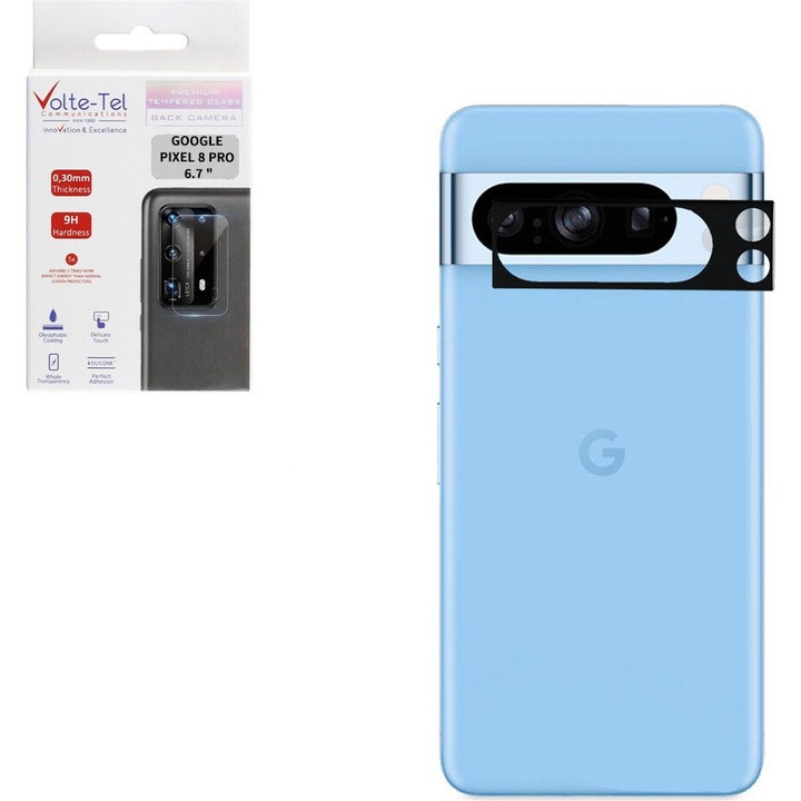 Folie sticla Volte-Tel Google Pixel 8 Pro 9H negru 6.7" 0.25mm curba 3D protectie camera