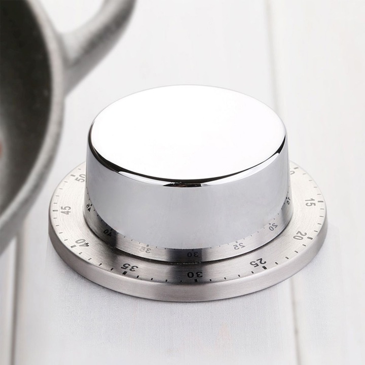 Timer mecanic de bucatarie, otel inoxidabil, 60 minute, argintiu, 8x3cm