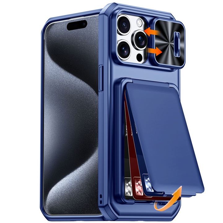 Vizvera tok iPhone 15 Pro Max készülékhez, RFID kártyatartó rekesz, csúszó kamerafedél, ütésálló védelem, megemelt élek, kék