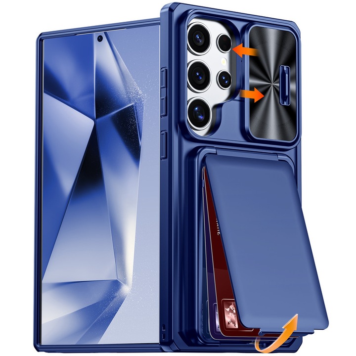Vizvera tok Samsung Galaxy S24 Ultra készülékhez, RFID kártyatartó rekesz, csúszó kamerafedél, ütésálló védelem, megemelt élek, kék