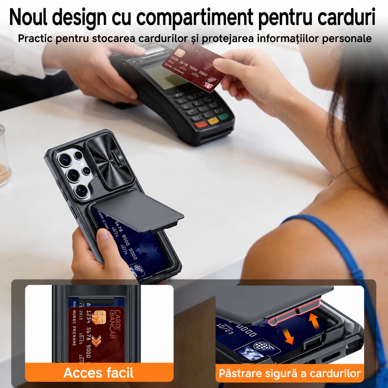 Husa Vizvera pentru Samsung Galaxy S25 Ultra, compartiment carduri RFID, capac glisant camera, protectie anti-soc, negru
