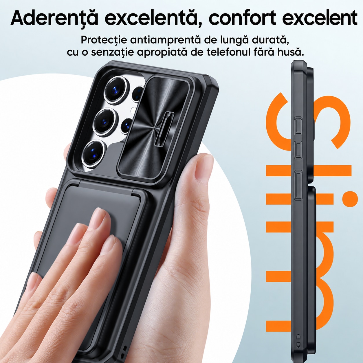 Husa Vizvera pentru Samsung Galaxy S25 Ultra, compartiment carduri RFID, capac glisant camera, protectie anti-soc, negru