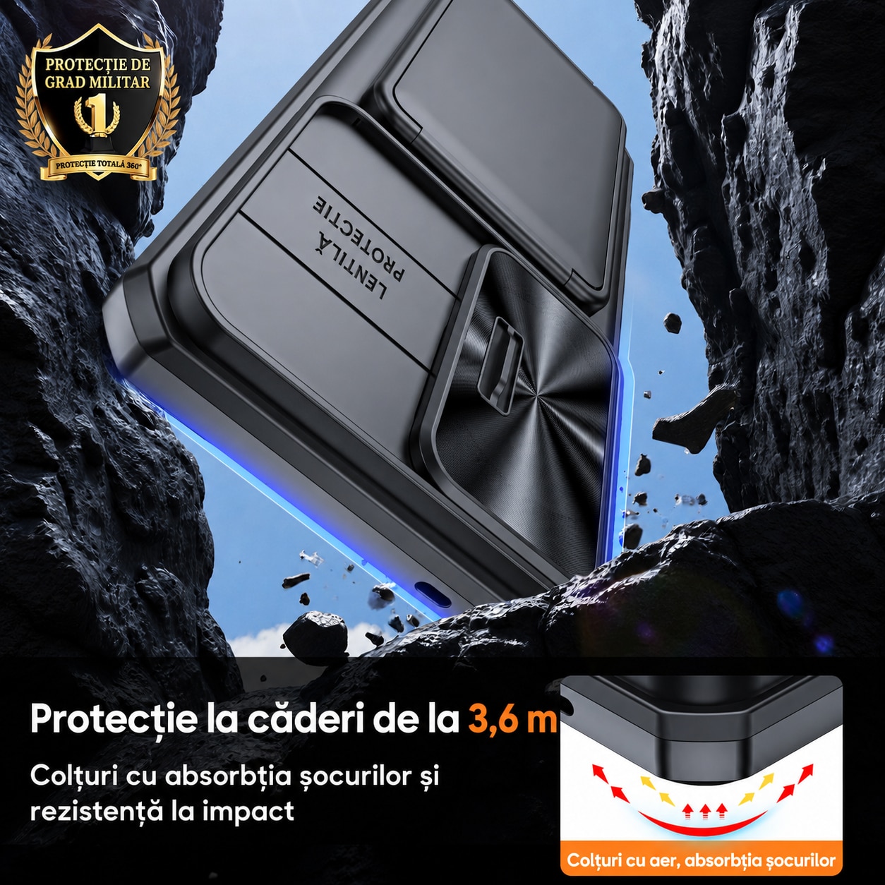 Husa Vizvera pentru Samsung Galaxy S25 Ultra, compartiment carduri RFID, capac glisant camera, protectie anti-soc, negru