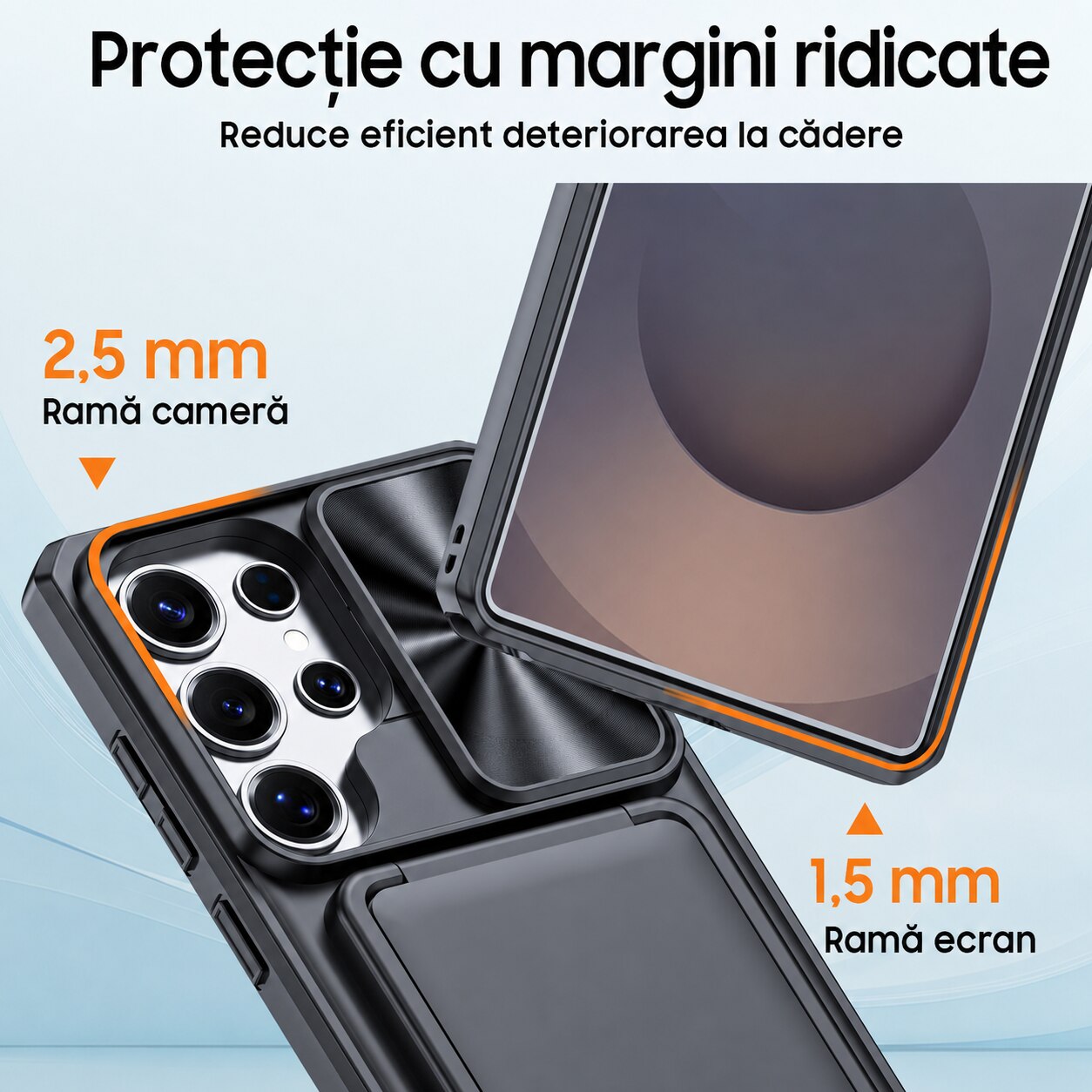 Husa Vizvera pentru Samsung Galaxy S25 Ultra, compartiment carduri RFID, capac glisant camera, protectie anti-soc, negru