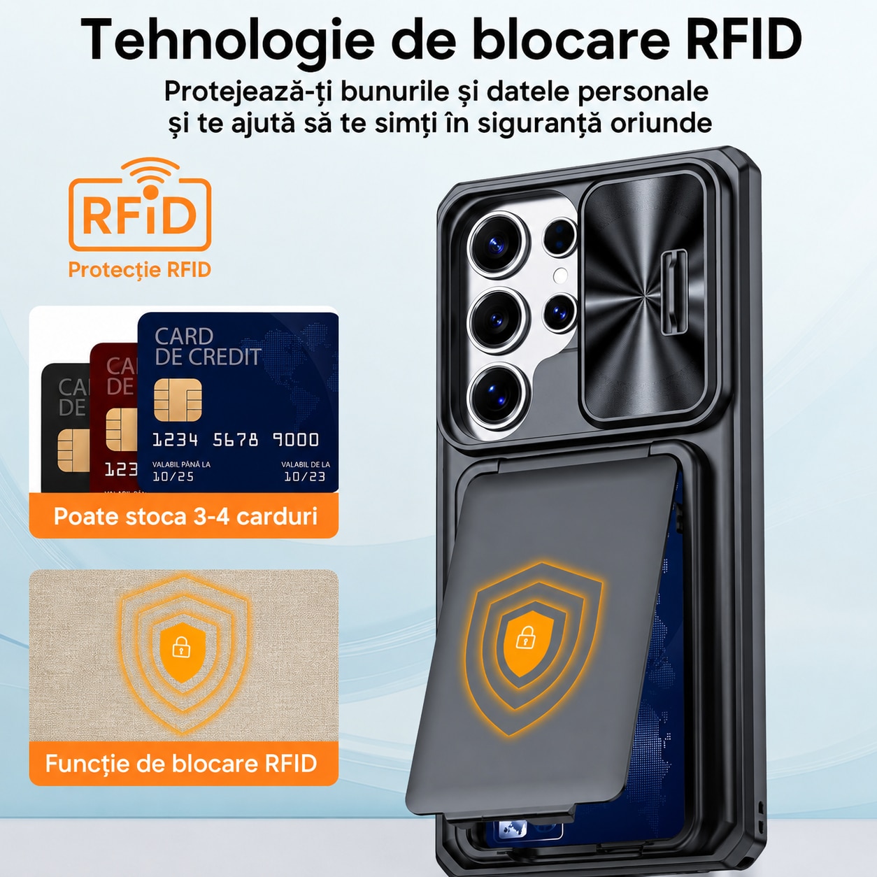 Husa Vizvera pentru Samsung Galaxy S25 Ultra, compartiment carduri RFID, capac glisant camera, protectie anti-soc, negru