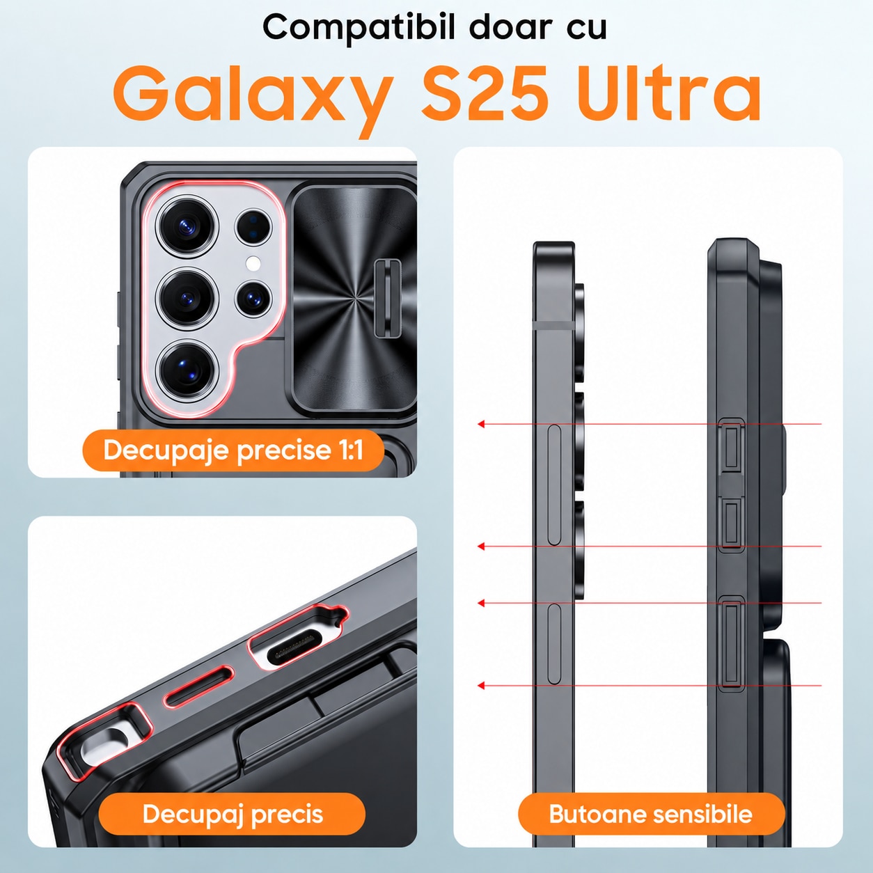 Husa Vizvera pentru Samsung Galaxy S25 Ultra, compartiment carduri RFID, capac glisant camera, protectie anti-soc, negru