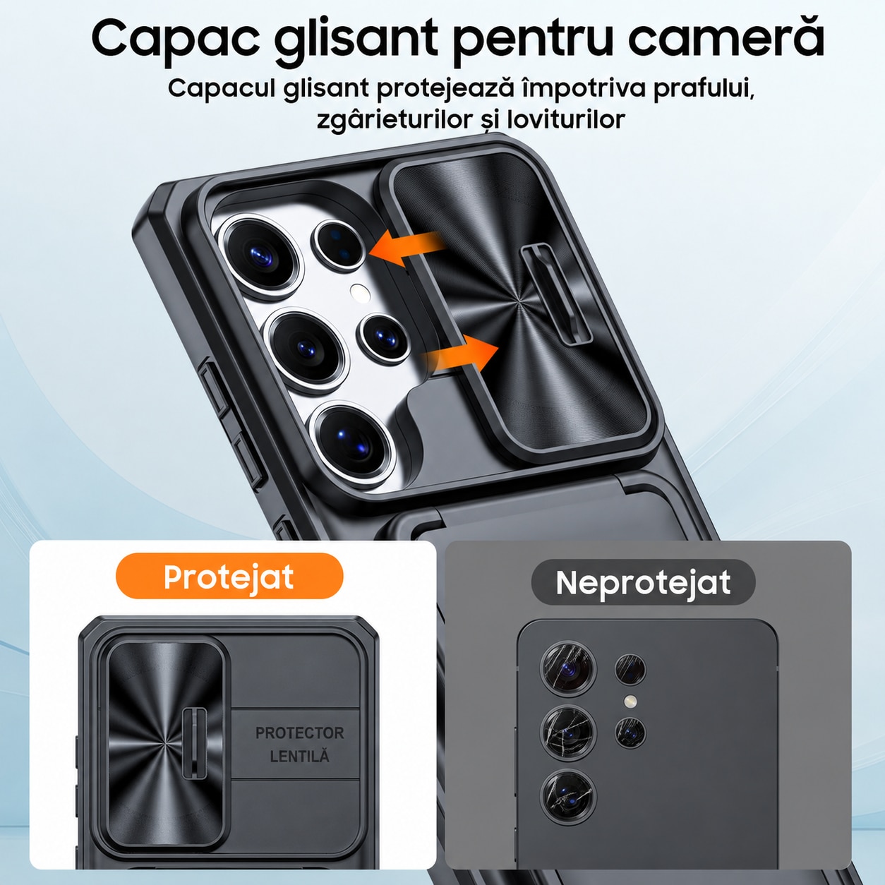 Husa Vizvera pentru Samsung Galaxy S25 Ultra, compartiment carduri RFID, capac glisant camera, protectie anti-soc, negru