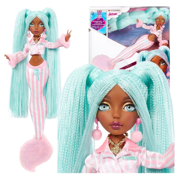 Papusa sirena MGA Mermaze Mermaidz Brynn, coada schimbatoare culoare, turcoaz, 34cm