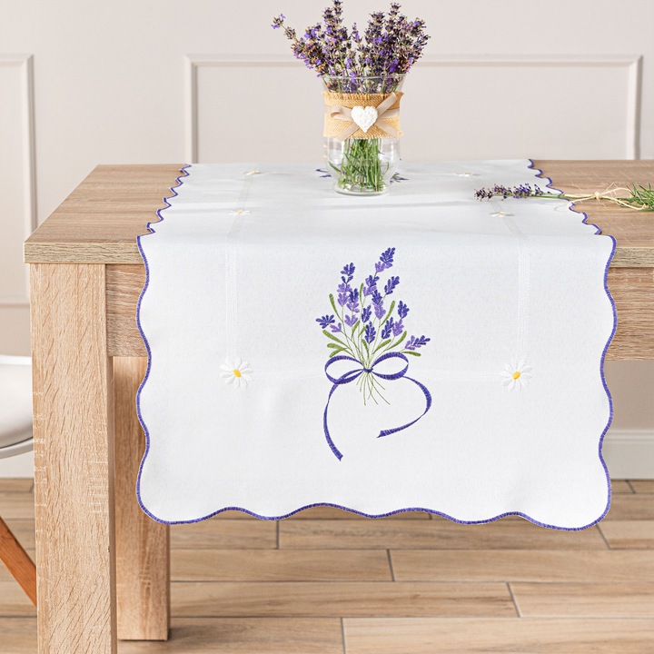 Markizeta asztalterítő, 38x160cm, fehér, 100% poliészter, 200gsm, hímzéssel