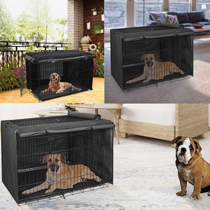 Husa pentru cusca de caini, impermeabila, durabila si usoara, material Oxford 420D (cusca nu este inclusa), protectie interioara si exterioara pentru cusca de caini, neagra (110 × 73 × 76 cm)