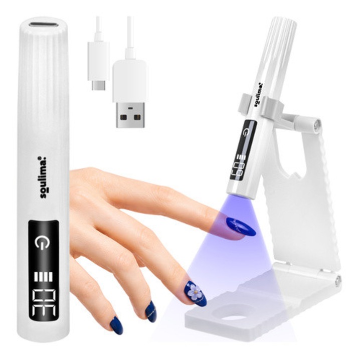 Lampa UV LED pentru unghii Soulima MINI, 3W, afisaj LCD, suport reglabil, USB-C, portabila, Alb