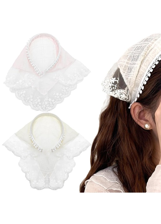 Set 2 bentite pentru par, dantela alba, turban triunghiular, moale, ajustabil, multicolor, universal