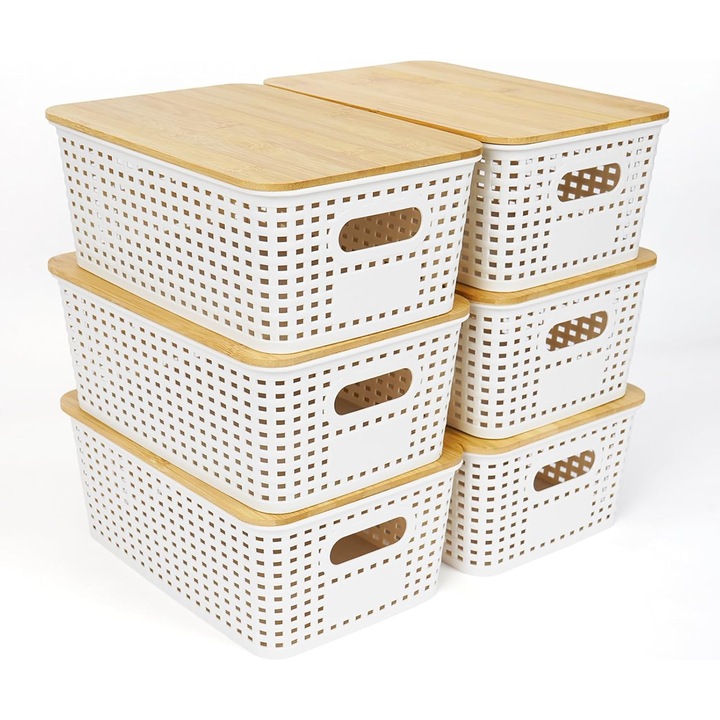 Set 6 cutii depozitare plastic cu capac bambus, alb, 25.6x18x10.7cm