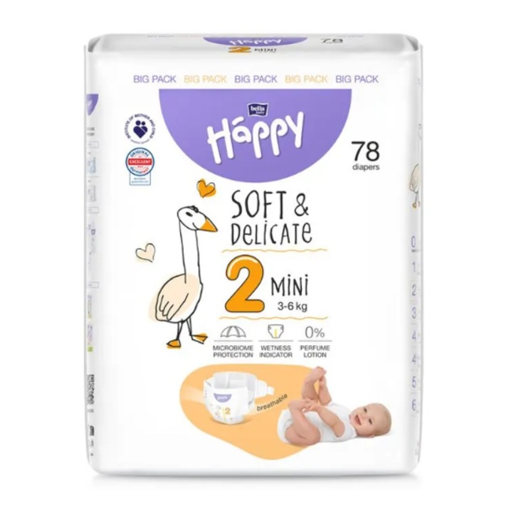 Scutece copii Happy Solf & Delicate Mini, Nr.2, 3-6 kg, 78 buc Soft & Delicate
