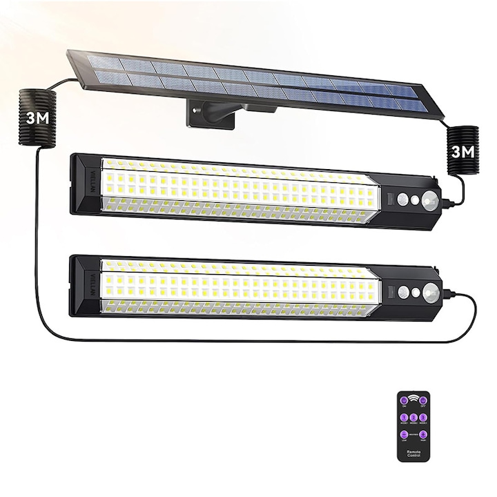 Комплект 2 Соларни LED Линейни Лампи с Отделен Соларен Панел, VIELLAN, 3M Кабел, Дистанционно Управление и Сензор за Движение, 3 Режима на Светене, Водоустойчиви, за Двор, Гараж, Тераса, Градина, Балкон