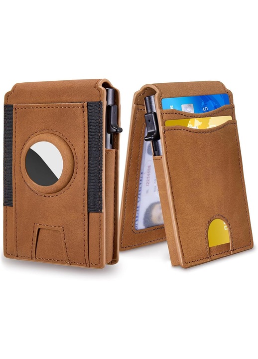 Портфейл за мъже, кожа и алуминий, RFID, AirTag, 10,5x6,8x2,4см, черен