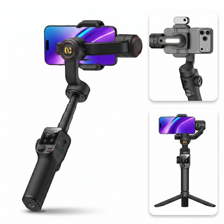 Gimbal telefon Aochuan Smart S3 pe 3 axe, negru, cu modul de urmarire AI, lumina LED, ecran tactil, baterie externa, brat telescopic, control prin gesturi, 2 baterii x 2550 mAh, kit mini trepied, cablu USB-C, carcasa EVA