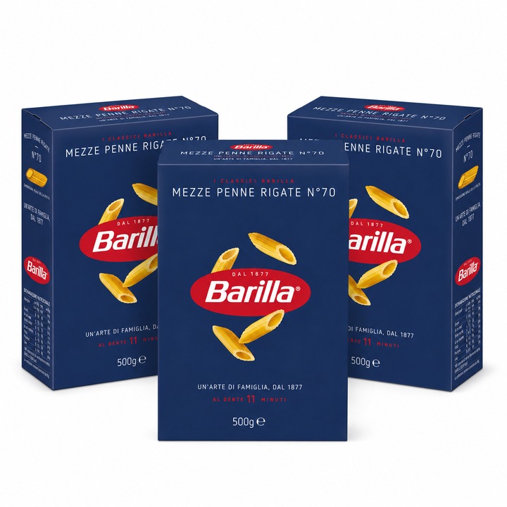 Set 3 x Paste Barilla Mezze Penne Rigate N°70, 500 g/buc, paste din gris de grau dur, timp de fierbere 11 minute
