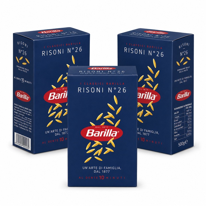 Set 3 x Paste Barilla Risoni N°26, 500 g, paste din grau dur, timp de fierbere 10 minute