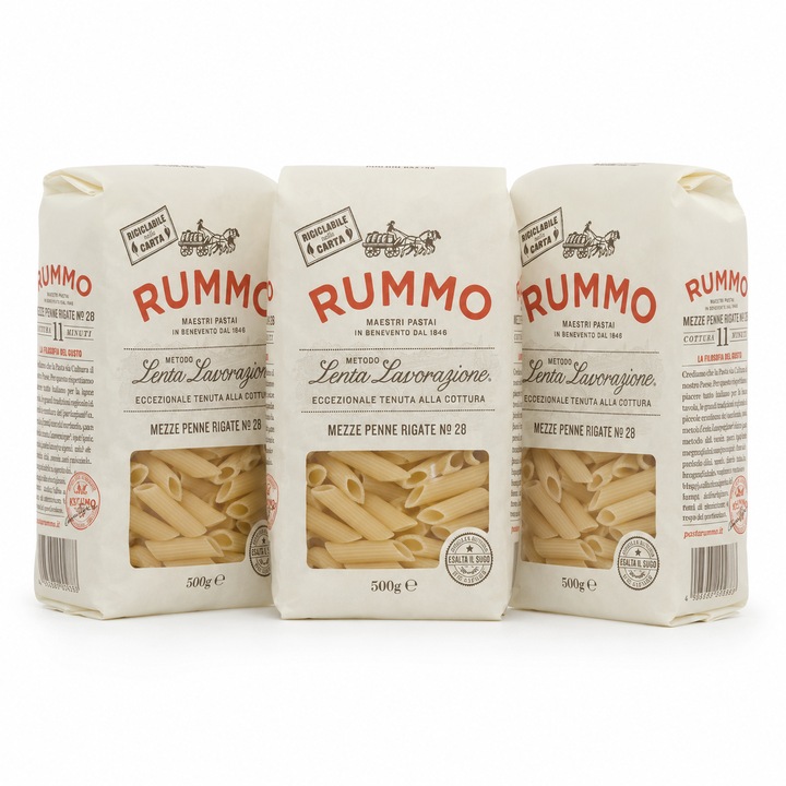Set 3 x Paste Rummo Mezze Penne Rigate Nr. 28, 500 g, paste din grau dur, metoda Lenta Lavorazione, timp de fierbere 11 minute