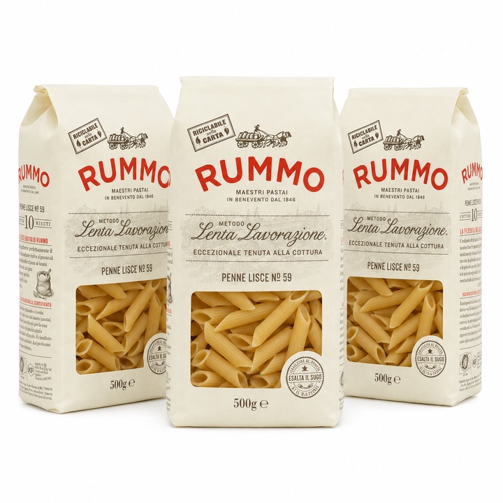 Set 3 x Paste Rummo Penne Lisce Nr. 59, 500 g, metoda Lenta Lavorazione, paste din grau dur
