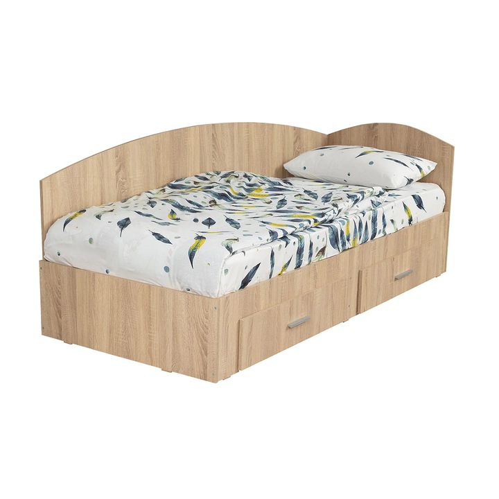 Pat colt Expomob ALMA, cu 2 sertare laterale pe role, colt interschimbabil, dimensiune 90x200 cm, culoare sonoma deschis