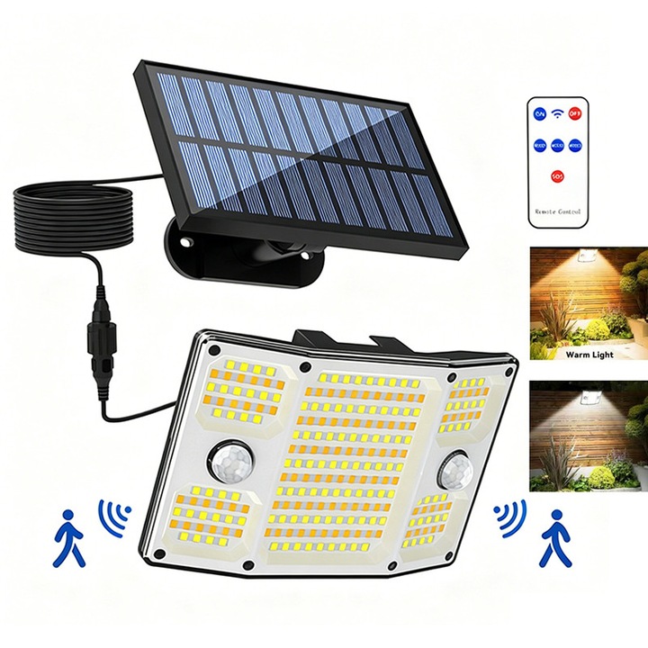 Lampa Solara LED с Отделен Соларен Панел, VIELLAN, Два Сензора за Движение, Дистанционно Управление, Топла/Студена/Неутрална Светлина, IP65 Водоустойчива, Осветление за Двор, Гараж, Тераса, Балкон, Градина