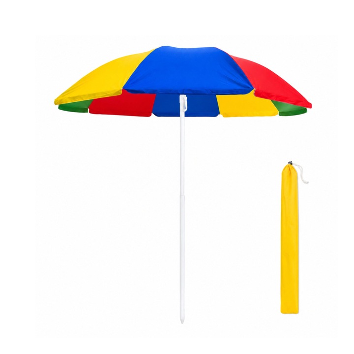 Umbrela de Plaja, Flippy, Model Curcubeu, Tija Stabila si Suprafata pentru Umbrire, Ofera Umbra, Protectie Solara si Confort la Exterior, Ideal pentru Plaja, Picnic, Piscina, Camping si Vacante, 140 cm, Multicolor