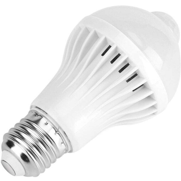 Bec LED E27 cu senzor miscare si lumina alba rece 12-24 LED 5-9W 6000-6500K