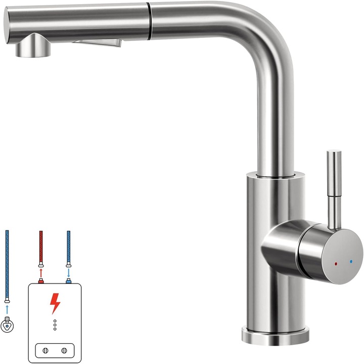 Baterie bucatarie Lonheo cu dus extractibil, pentru joasa presiune, inox, 2 jeturi, mixer chiuveta pentru boiler / under-sink
