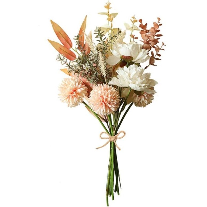 Művirág csokor/dísz, szintetikus selyemből és műanyag szárakból, 2 bazsarózsa, 3 hortenzia, díszítő levelek, pezsgő, 44 cm, 1 darab