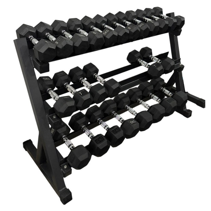 Suport Gantere 3 nivele, Zoco Body Fit® si gantere hexagonale 2.5Kg-25Kg, cadru de Otel, Negru