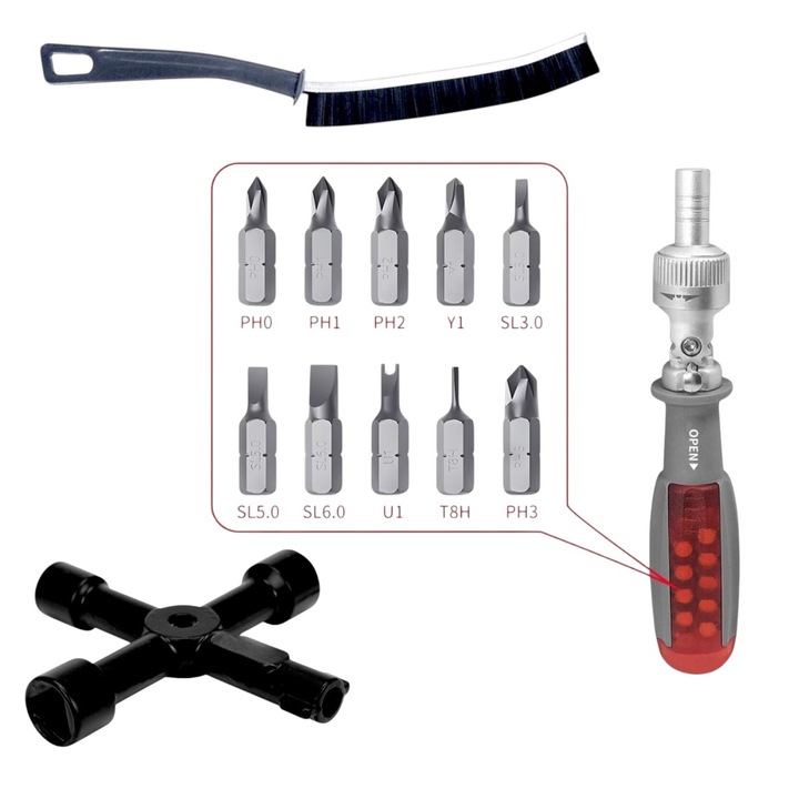 Cheie multifunctionala, tip 4 in1 - rotund 6mm/triunghiular 10 mm/ patrat 8mm/ patrat 10 mm -, pentru camine utilitati, 72X72 mm cu Set surubelnita clichet, bidirectional, crom vanadiu, depozit ascuns 10 biti, rotatie la 180 * si Perie ingusta 23 cm