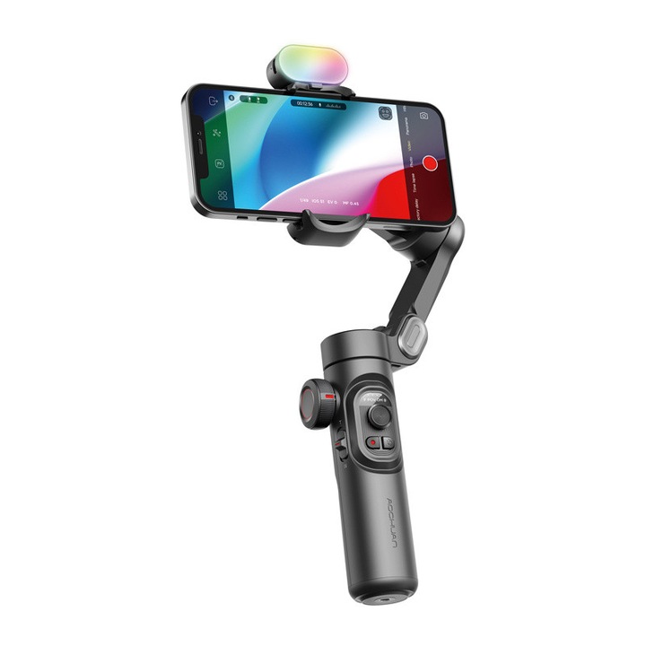 Stabilizator de imagine AOCHUAN Smart XE, 3 axe, Ilumninare RGB 7 culori, Zoom / Focalizare, Autonomie 10h, USB-C, Negru