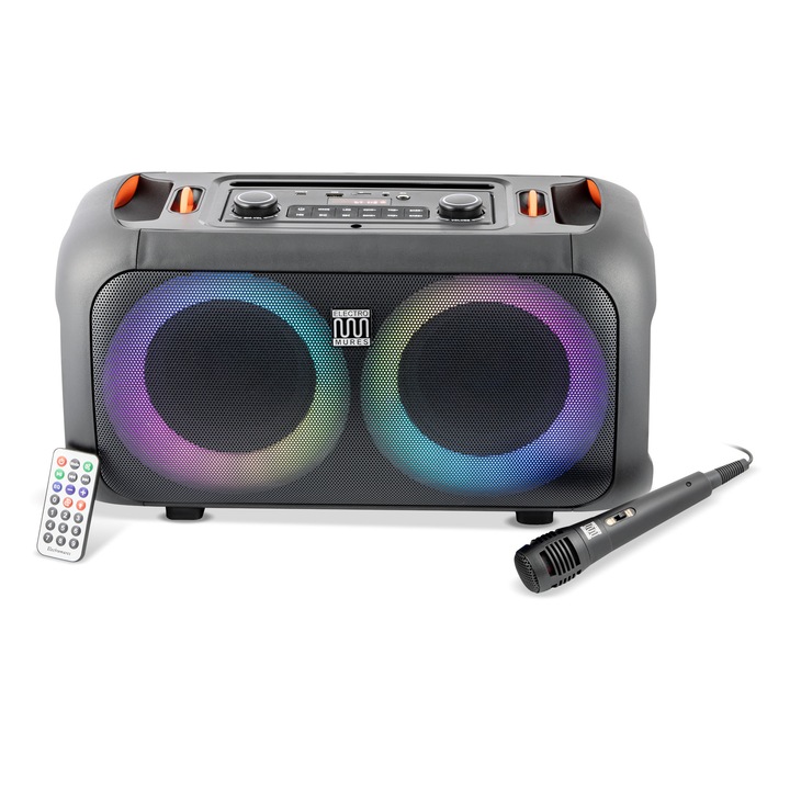 Boxa portabila Bluetooth Electromures EM 1038, intrare microfon jack 6.3mm, Bluetooth 5.3, difuzoare 16.5cm si 20W, acumulator 3600mAh, lumini LED, manere si curea de umar, autonomie pana la 6h
