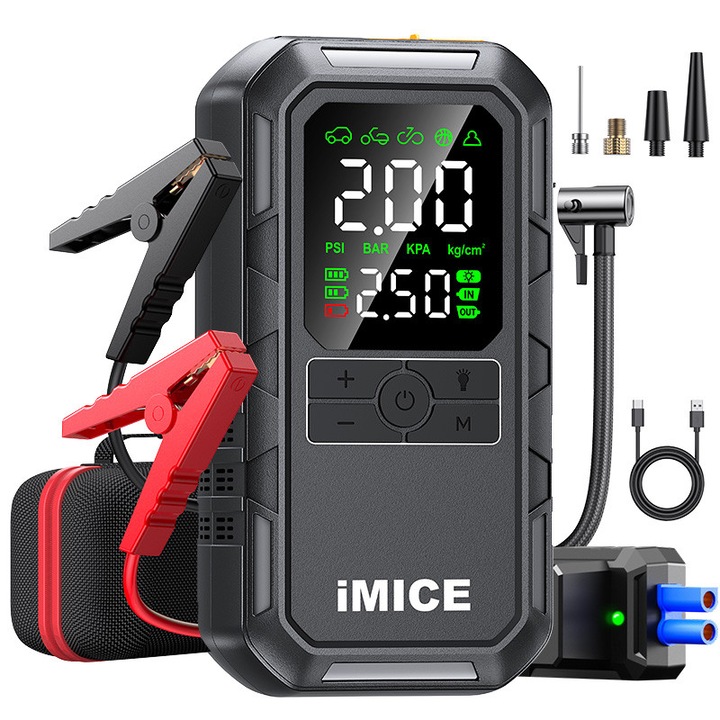 Starter auto power si compresor aer, Robot De Pornire Auto, pentru motor Benzina sau Diesel,12000mAh,2000A,12V, Power Bank, Presiune maxima 180 PSI, lumina LED, Clesti inteligenti inclusi, iMICE®, negru