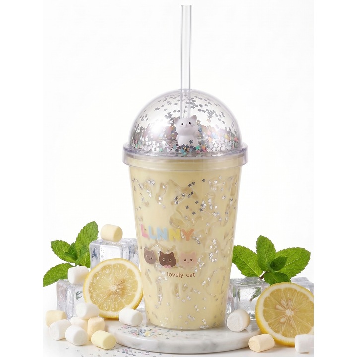 Pahar cu Capac si Pai Aurov®, model Lovely Cat cu Confetti si Stelute, Pentru Bauturi Racoritoare si Calde, Plastic premium fara BPA, Perete dublu Rezistent, 450 ml, Galben Pal