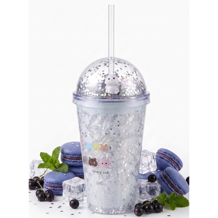 Pahar cu Capac si Pai Aurov®, model Lovely Cat cu Confetti si Stelute, Pentru Bauturi Racoritoare si Calde, Plastic premium fara BPA, Perete dublu Rezistent, 450 ml, Albastru Pal